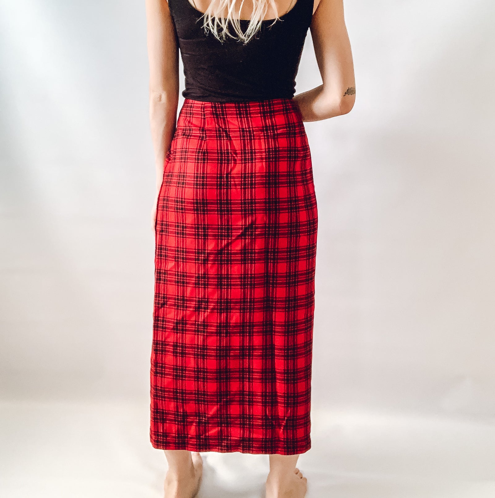 Long Red Plaid Skirt